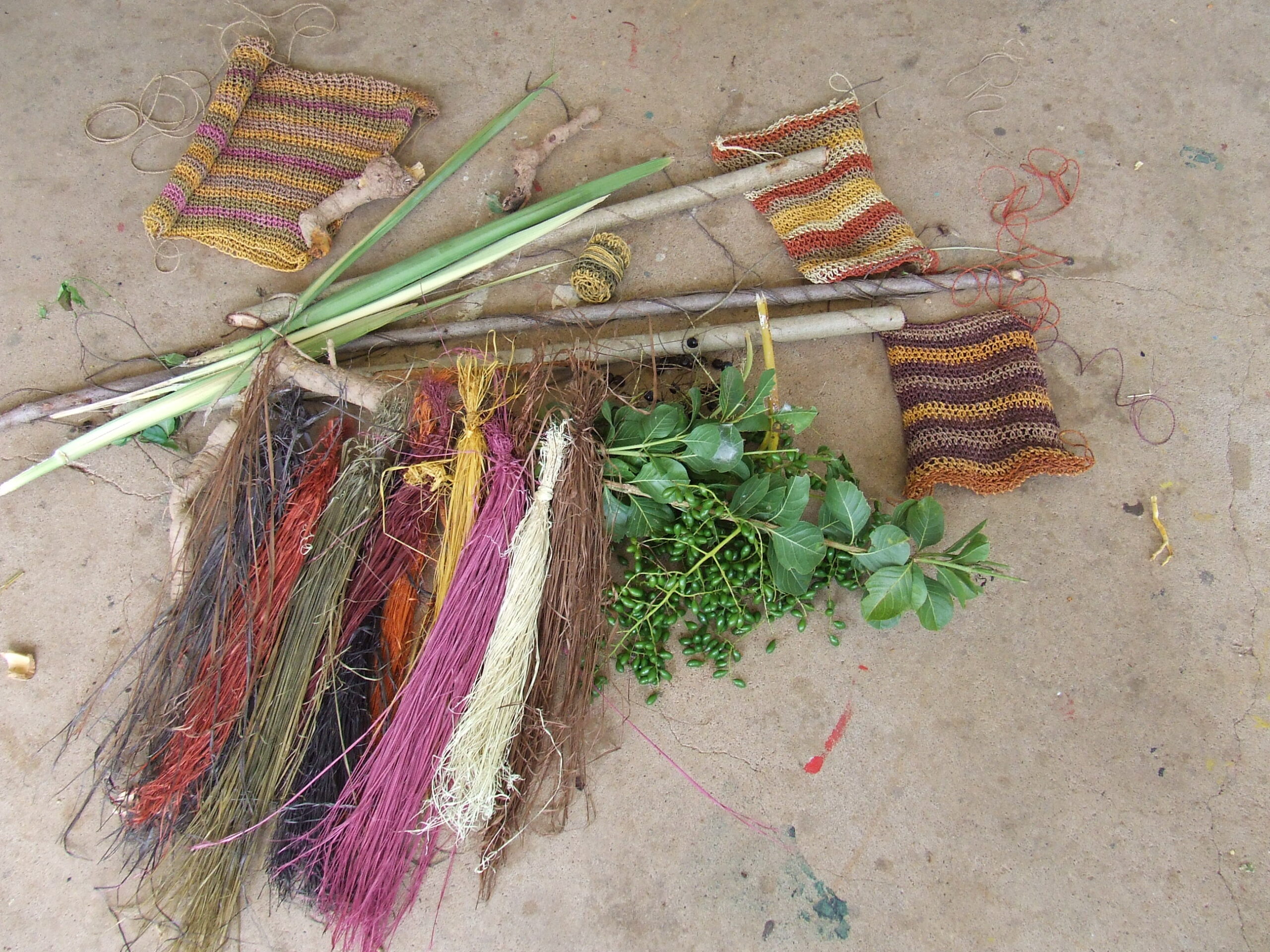 The weaving artist’s tools and products – the pandanus plant is the main tool which is then dyed through seed pods, leaves, tuber roots and flowers.